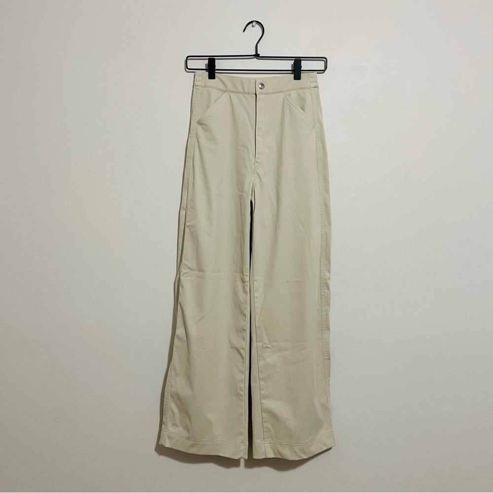 UNIQLO U Wide-Fit Barrel Leg Curved High Waist Twill Jersey Pants (Natural, XS)